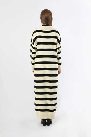 Dik Yaka Çizgili Triko Elbise Krem - 6