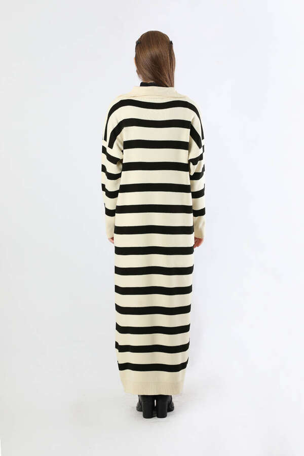 Dik Yaka Çizgili Triko Elbise Krem - 6