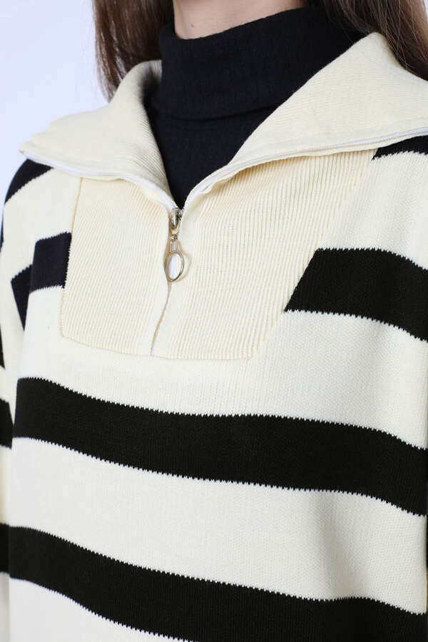 Dik Yaka Çizgili Triko Elbise Krem - 4