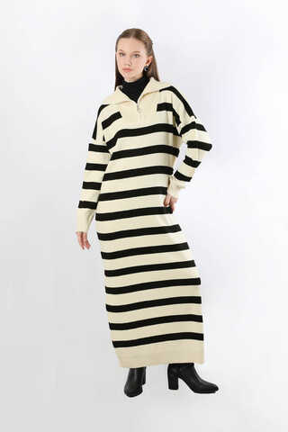 Dik Yaka Çizgili Triko Elbise Krem - 5