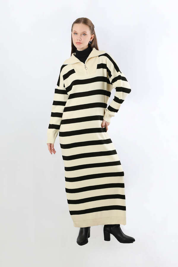 Dik Yaka Çizgili Triko Elbise Krem - 5