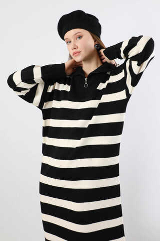 Dik Yaka Çizgili Triko Elbise Siyah - 2