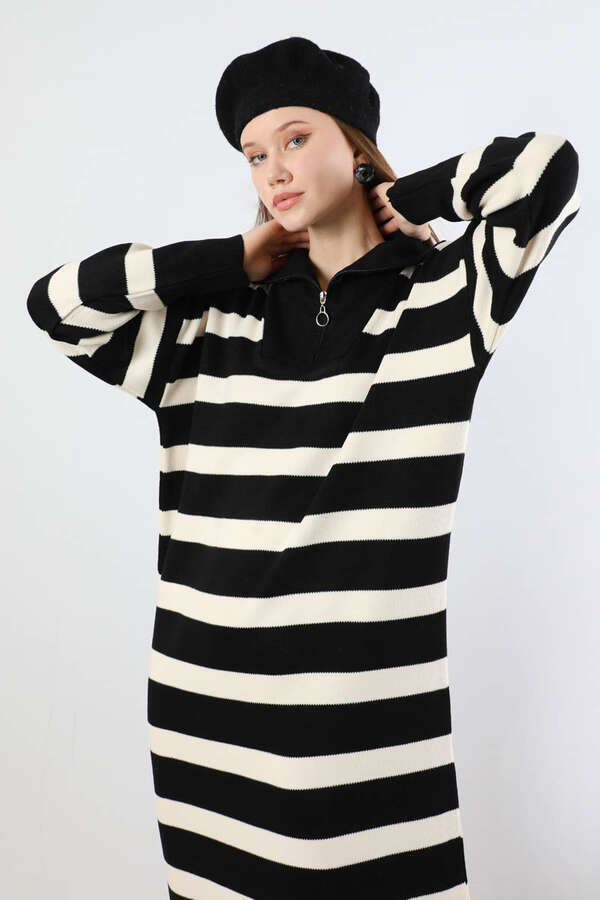 Dik Yaka Çizgili Triko Elbise Siyah - 2