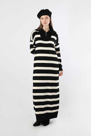 Dik Yaka Çizgili Triko Elbise Siyah - 3