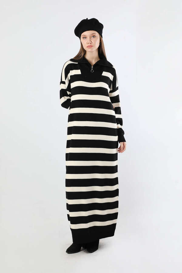 Dik Yaka Çizgili Triko Elbise Siyah - 3