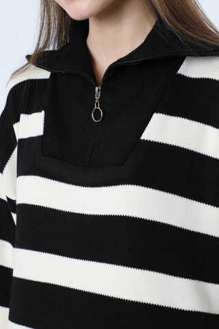 Dik Yaka Çizgili Triko Elbise Siyah - 4