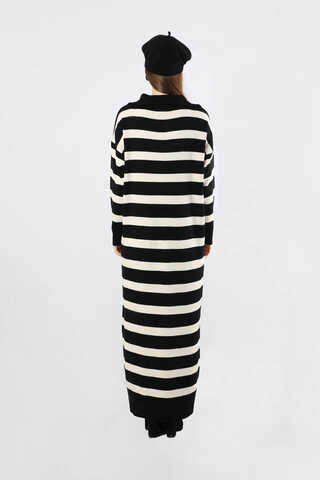 Dik Yaka Çizgili Triko Elbise Siyah - 6