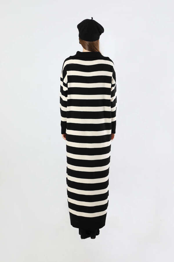 Dik Yaka Çizgili Triko Elbise Siyah - 6