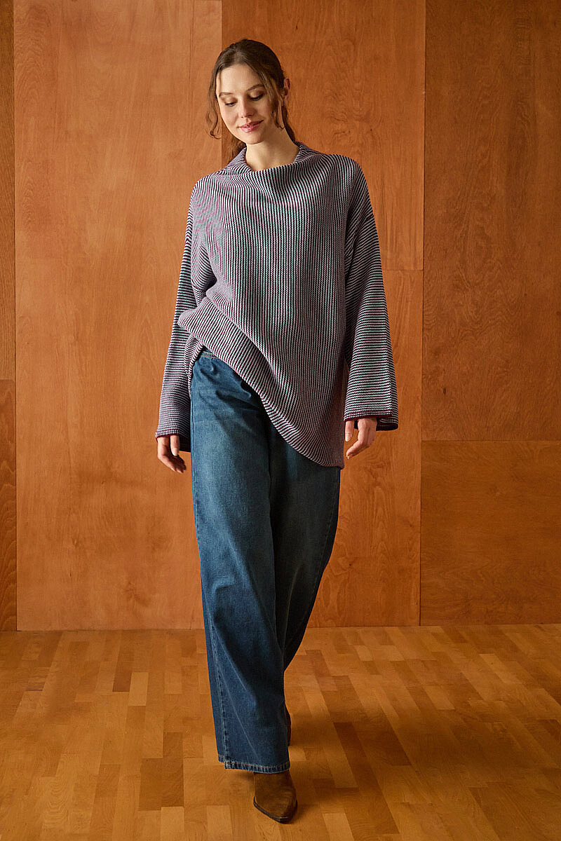 Dik Yaka Dokulu Oversize Triko Bordo - 2