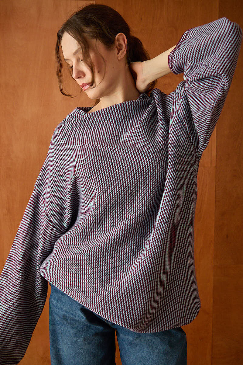 Dik Yaka Dokulu Oversize Triko Bordo - 3