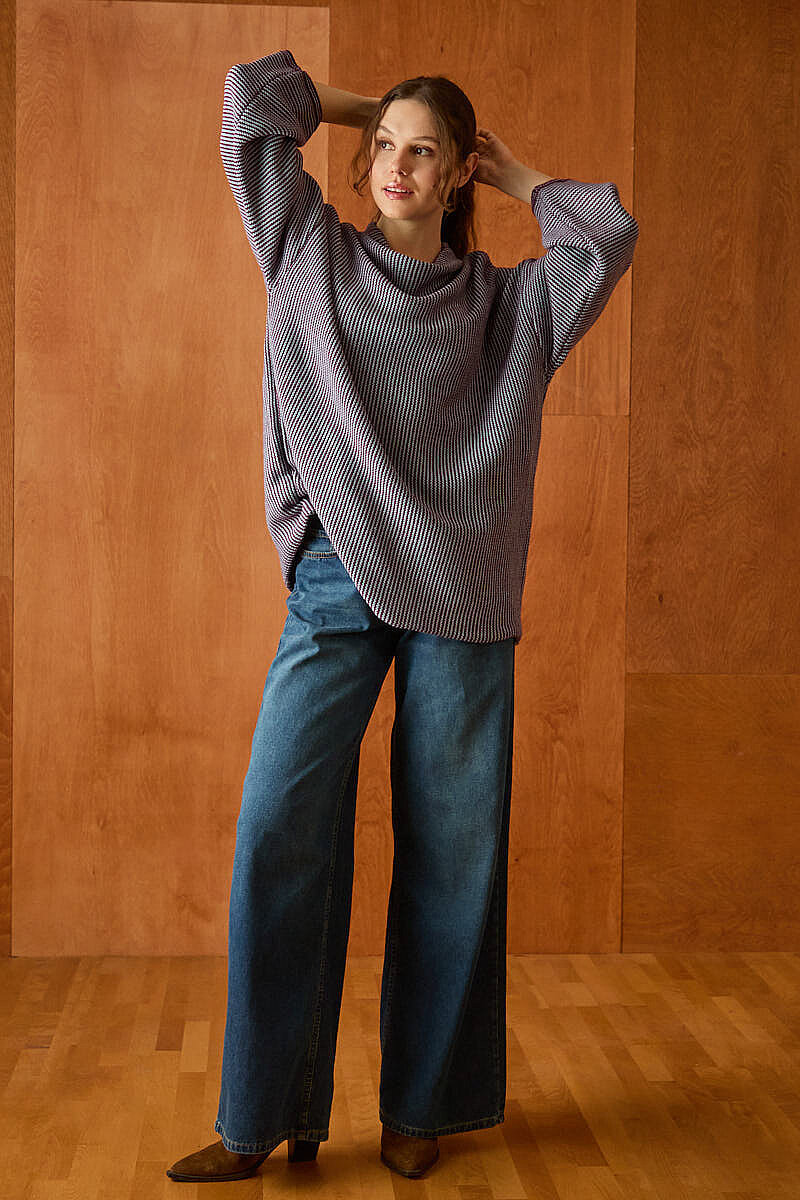 Dik Yaka Dokulu Oversize Triko Bordo - 4