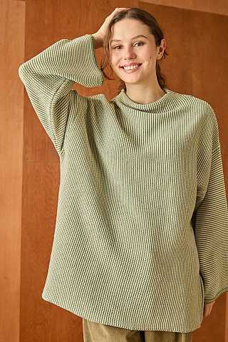 Dik Yaka Dokulu Oversize Triko Çağla Yeşili - 3