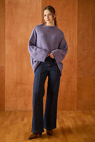 Dik Yaka Dokulu Oversize Triko Lacivert - 1