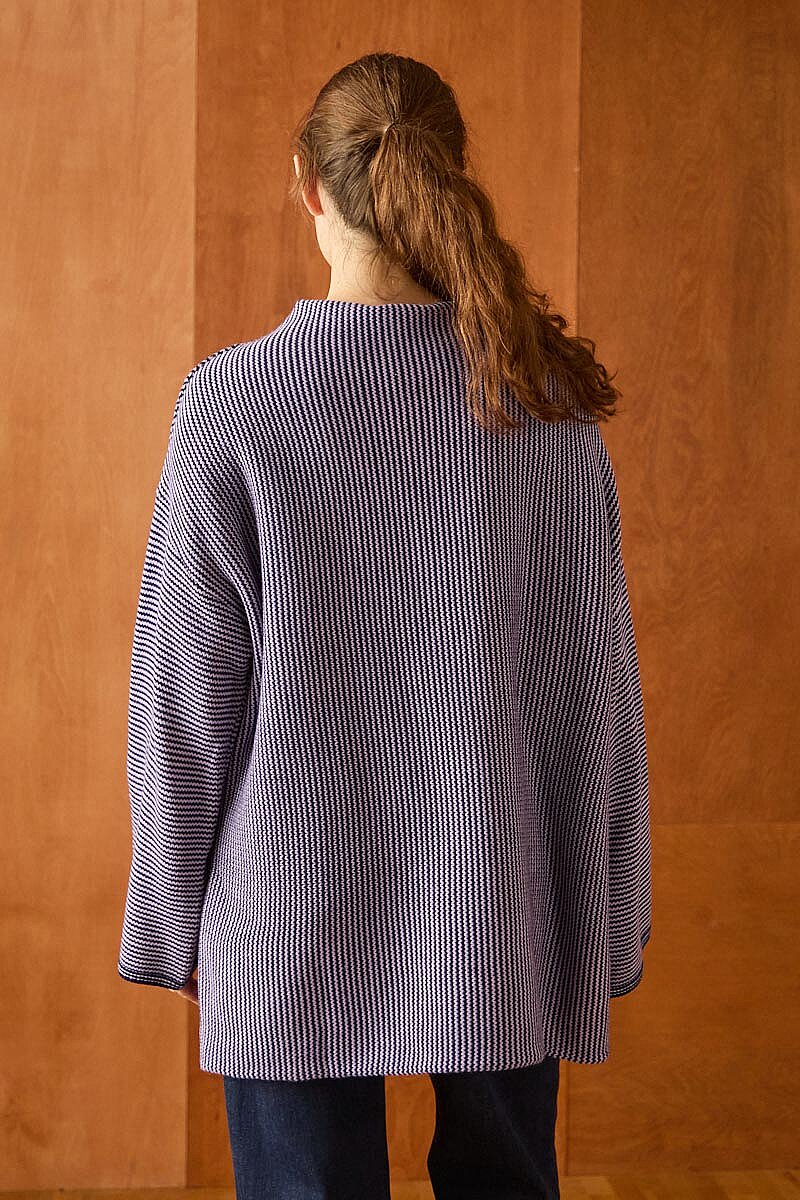 Dik Yaka Dokulu Oversize Triko Lacivert - 6