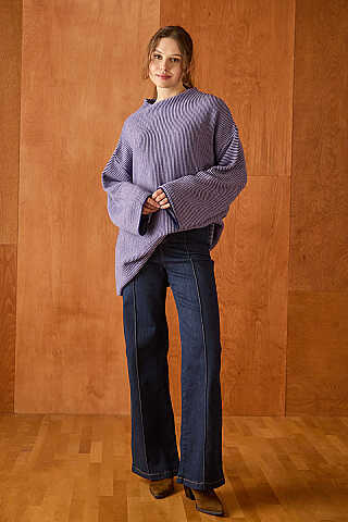 Dik Yaka Dokulu Oversize Triko Lacivert - 5