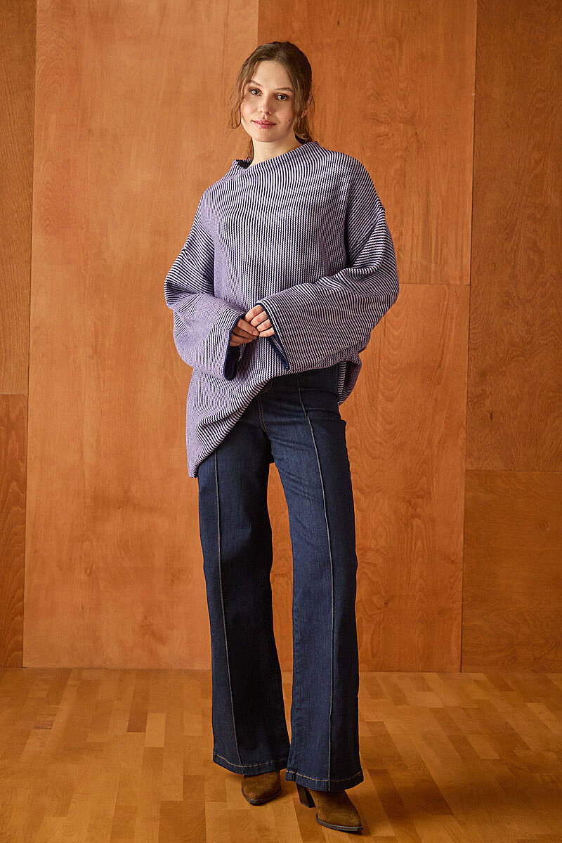 Dik Yaka Dokulu Oversize Triko Lacivert - 5