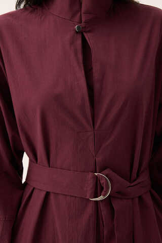 Dik Yaka Düğmeli Elbise Bordo - 2