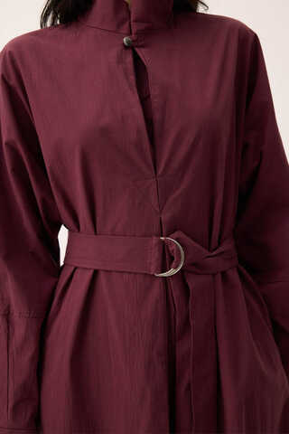 Dik Yaka Düğmeli Elbise Bordo - 8