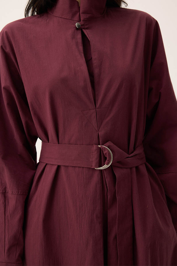 Dik Yaka Düğmeli Elbise Bordo - 8