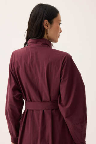 Dik Yaka Düğmeli Elbise Bordo - 16