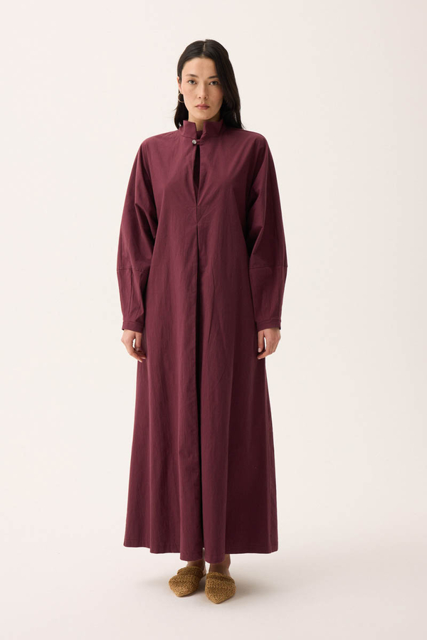 Dik Yaka Düğmeli Elbise Bordo - 3