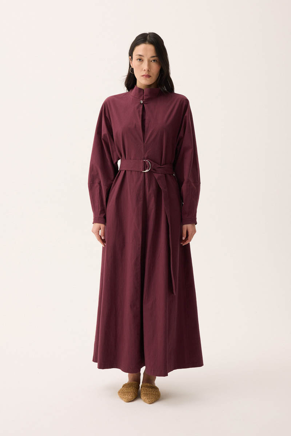 Dik Yaka Düğmeli Elbise Bordo - 1