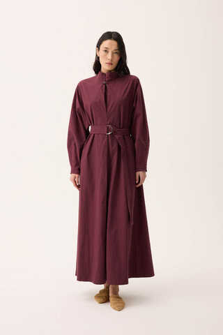 Dik Yaka Düğmeli Elbise Bordo - 5