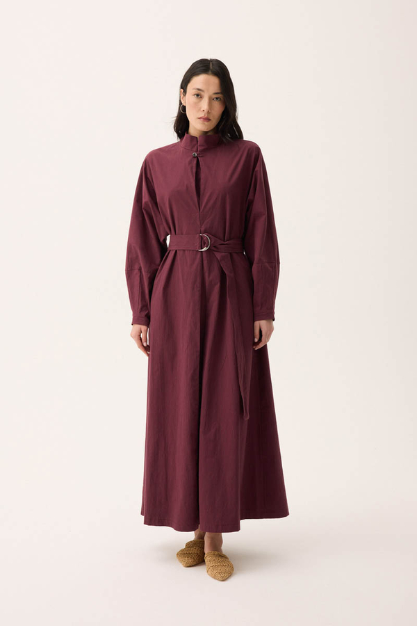 Dik Yaka Düğmeli Elbise Bordo - 5