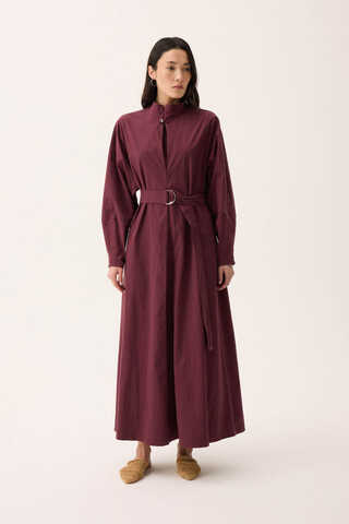 Dik Yaka Düğmeli Elbise Bordo - 6