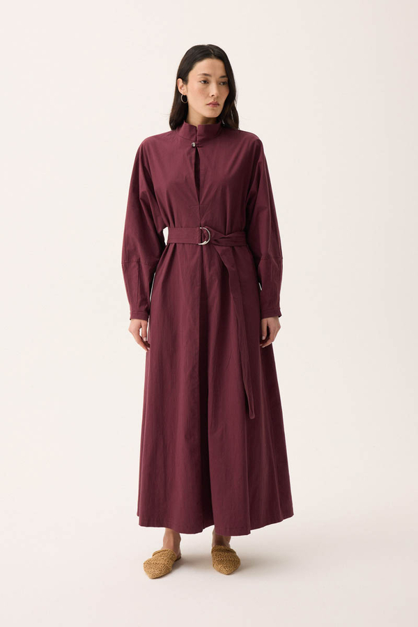 Dik Yaka Düğmeli Elbise Bordo - 6