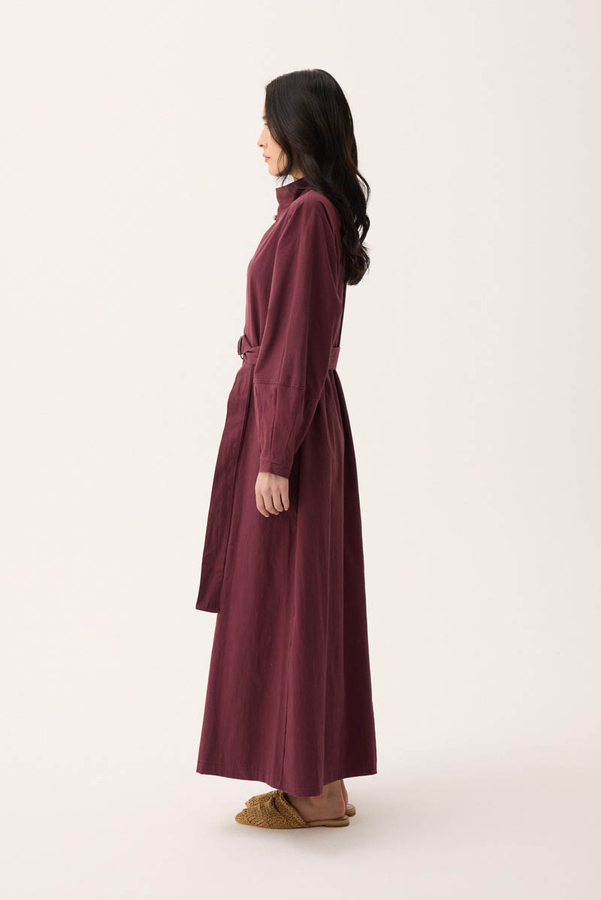 Dik Yaka Düğmeli Elbise Bordo - 7