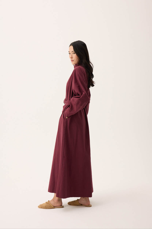 Dik Yaka Düğmeli Elbise Bordo - 11