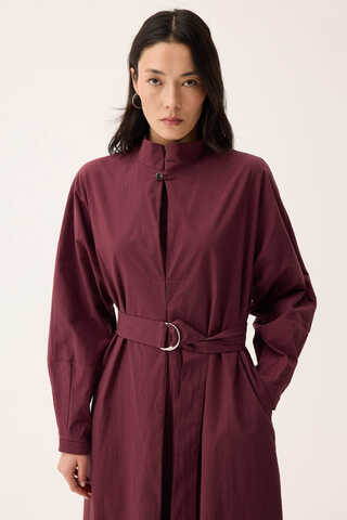 Dik Yaka Düğmeli Elbise Bordo - 13