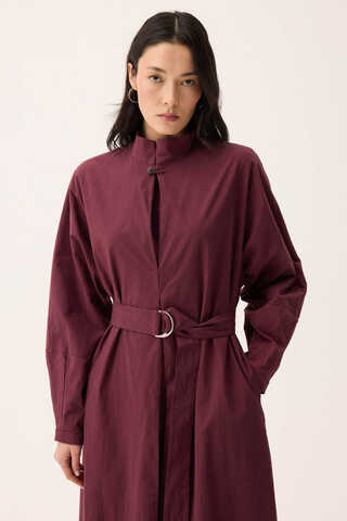 Dik Yaka Düğmeli Elbise Bordo - 14