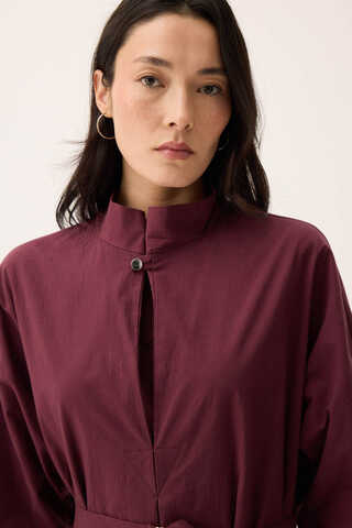 Dik Yaka Düğmeli Elbise Bordo - 18