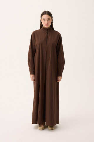 Dik Yaka Düğmeli Elbise Kahverengi - 4