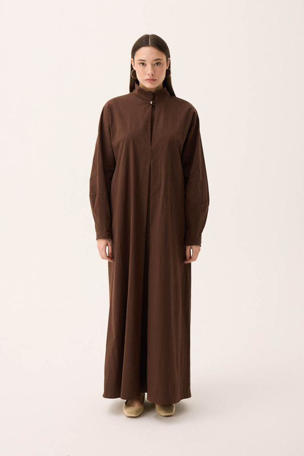 Dik Yaka Düğmeli Elbise Kahverengi - 4