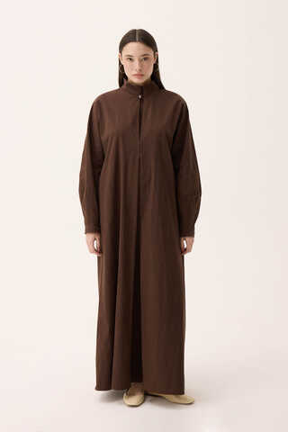 Dik Yaka Düğmeli Elbise Kahverengi - 3