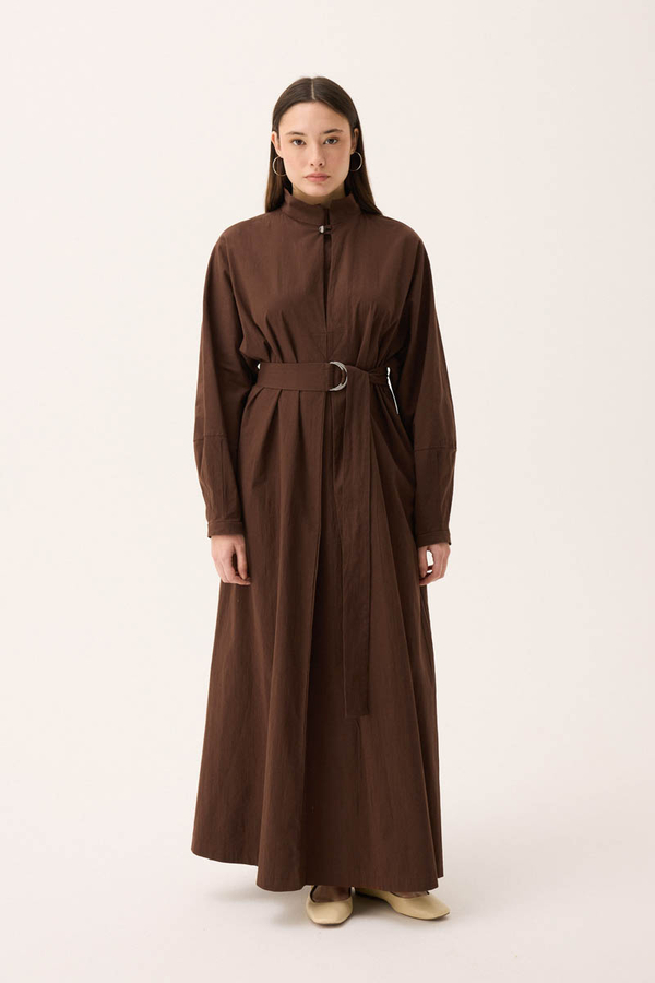 Dik Yaka Düğmeli Elbise Kahverengi - 5