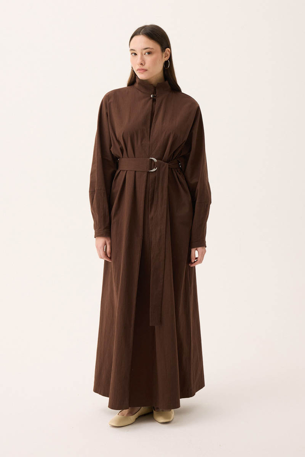 Dik Yaka Düğmeli Elbise Kahverengi - 6