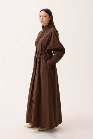 Dik Yaka Düğmeli Elbise Kahverengi - 8