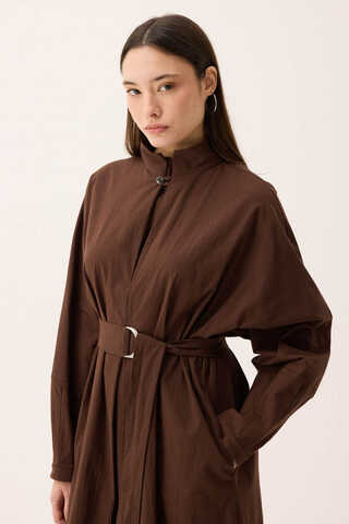 Dik Yaka Düğmeli Elbise Kahverengi - 1