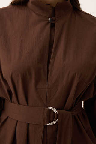 Dik Yaka Düğmeli Elbise Kahverengi - 10