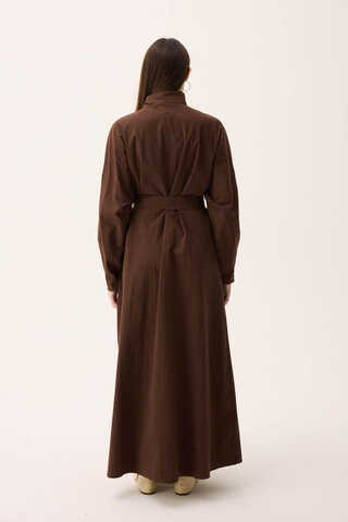 Dik Yaka Düğmeli Elbise Kahverengi - 11