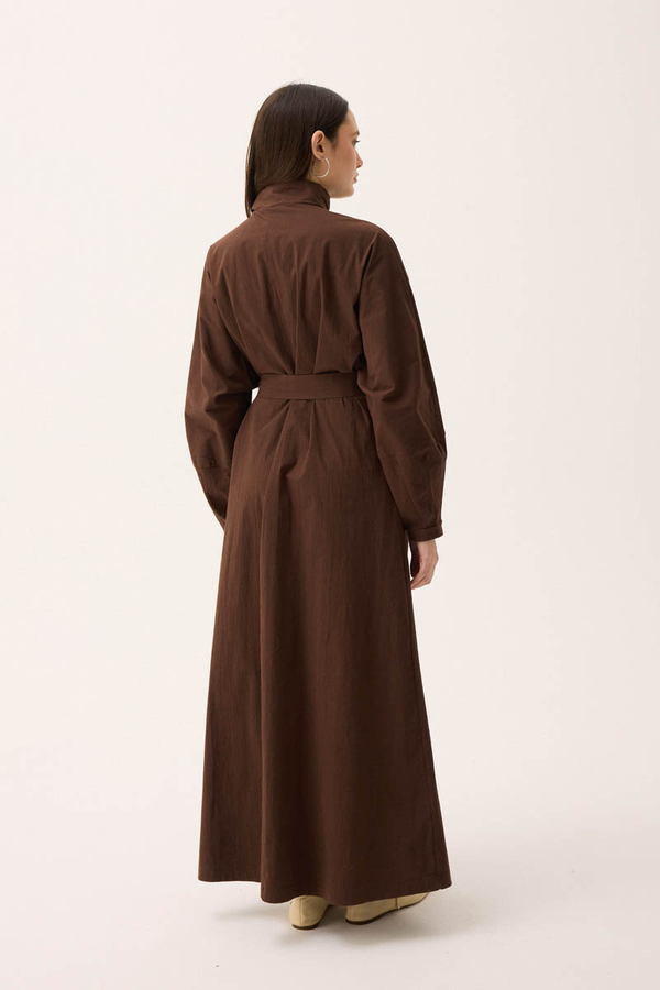 Dik Yaka Düğmeli Elbise Kahverengi - 12