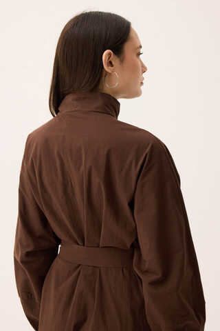 Dik Yaka Düğmeli Elbise Kahverengi - 13