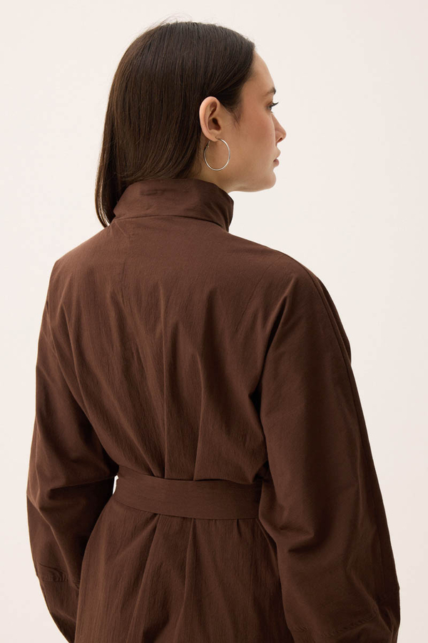 Dik Yaka Düğmeli Elbise Kahverengi - 13