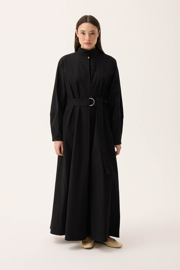 Dik Yaka Düğmeli Elbise Siyah 