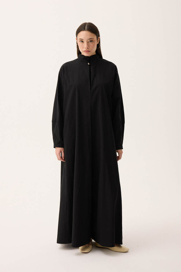 Dik Yaka Düğmeli Elbise Siyah - 2