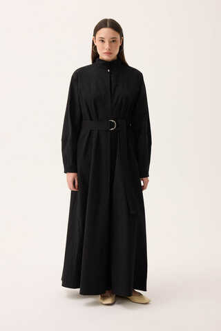 Dik Yaka Düğmeli Elbise Siyah - 1